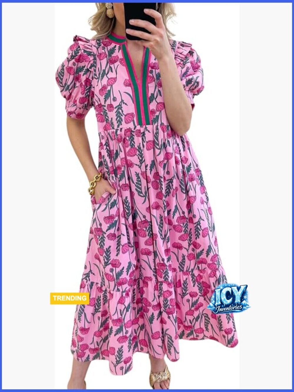 Boho Floral Midi Dress with Puff Sleeves and V-Neck